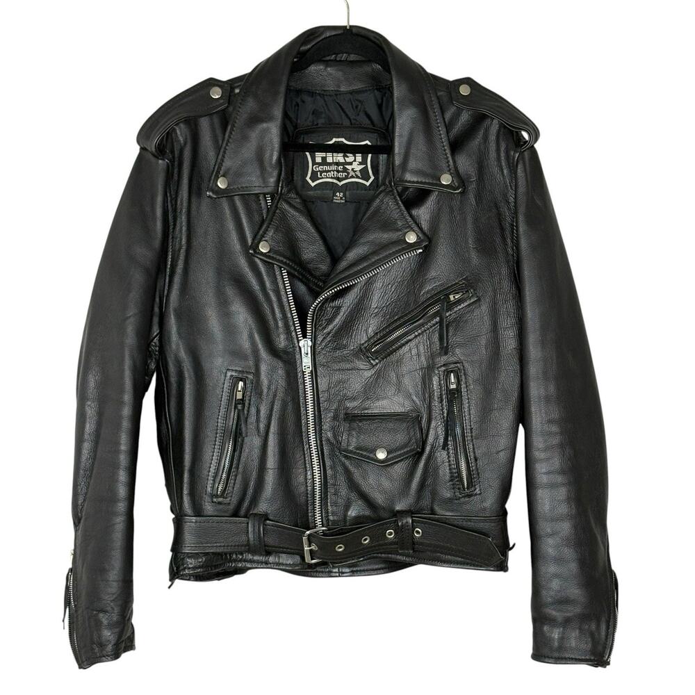 VTG 90s First MFG Co Motorcycle Jacket Genuine Leather Heavy Durable Black SZ 42